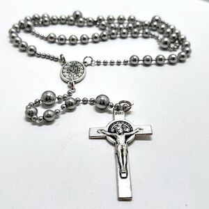 Silver Metal Beaded Rosary, Italy CF, Heavyweight, Great Detail